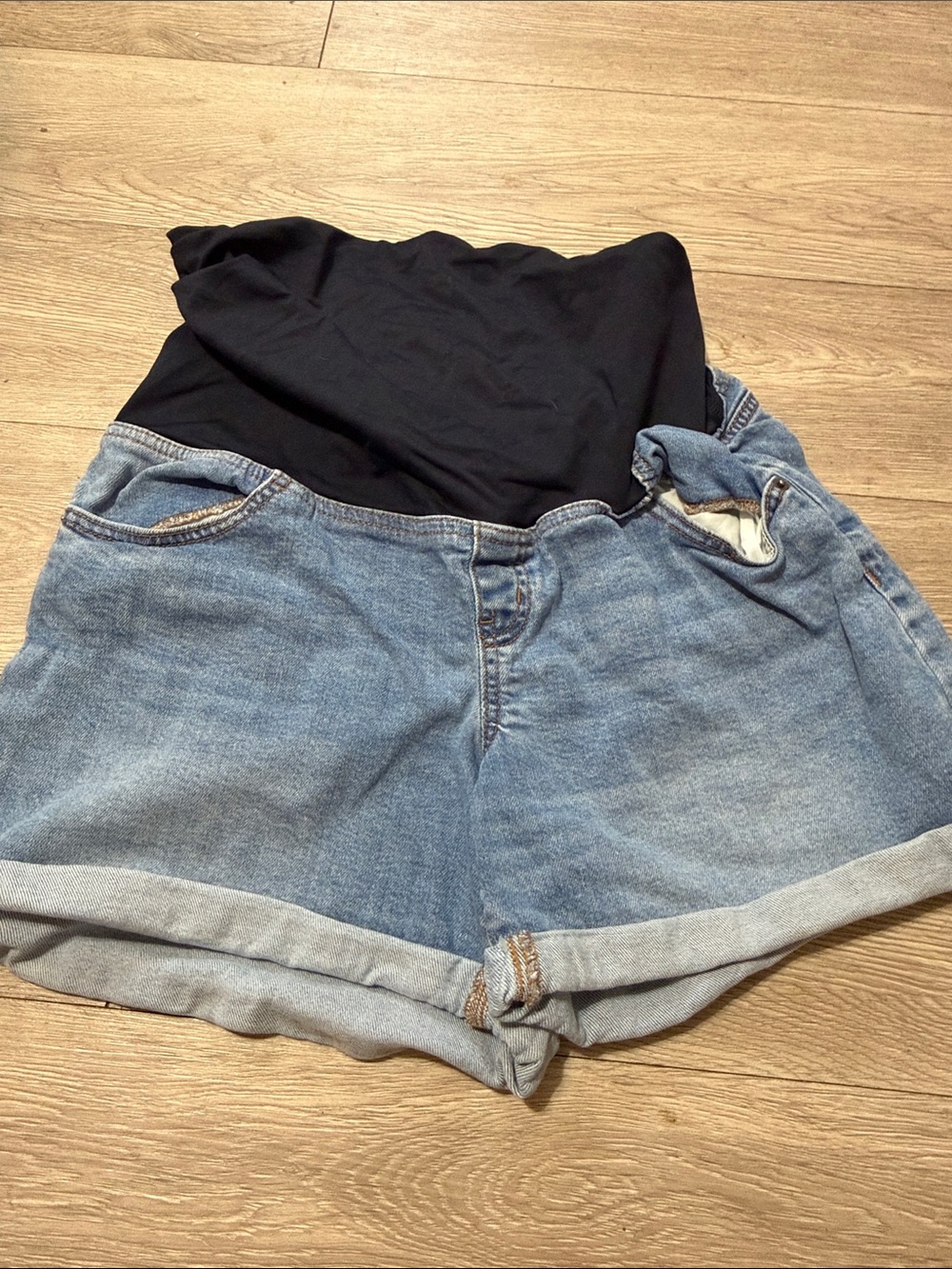 High-Rise Maternity Denim Shorts in Light Blue